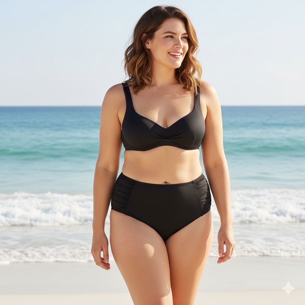 NEW Mynah Swim Bikini Bottom Plus 22W Mid Rise Medium Coverage Ruched Black